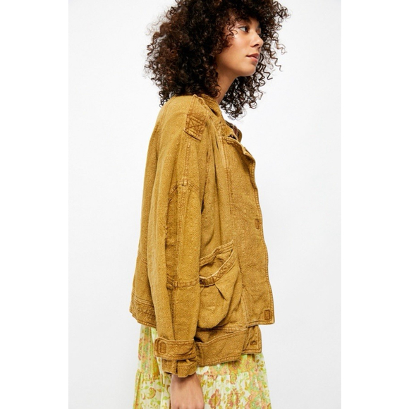 Free People Jade Safari Bomber Jacket Embroidered Gold Brown Linen S Grunge - Picture 13 of 14